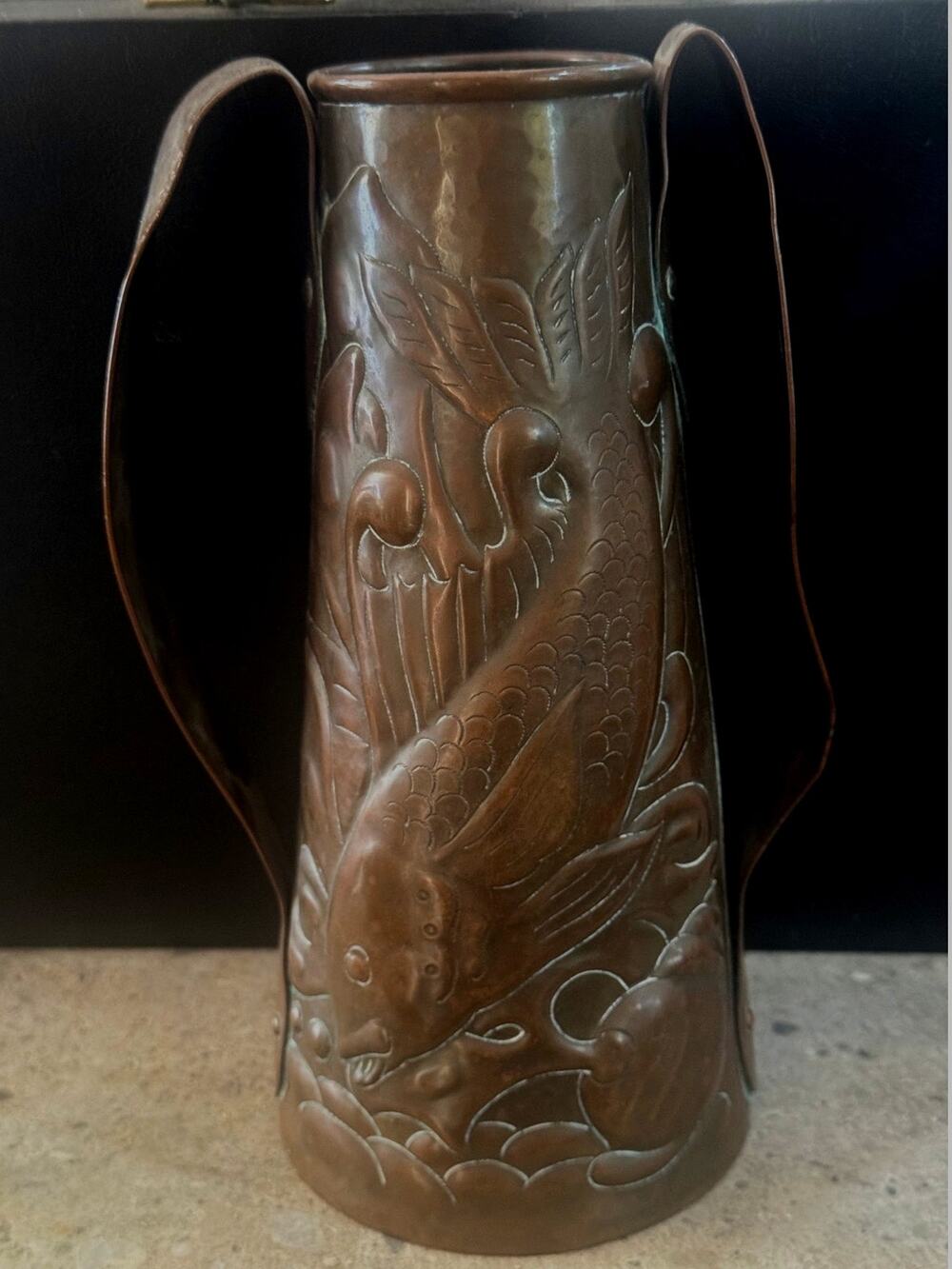 Antique Newlyn Copper Twin-Handled Vase 9" Repousse Fish Arts & Crafts Signed